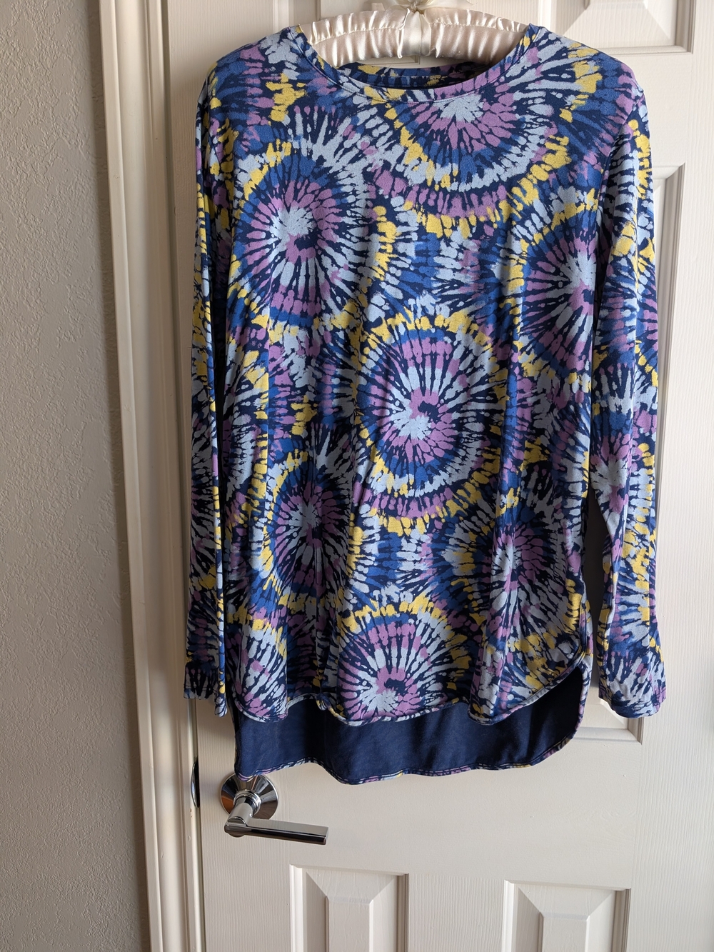 Lands' End Long Sleeve Tie-Dye Spiral Top in Blue, Purple & Yellow